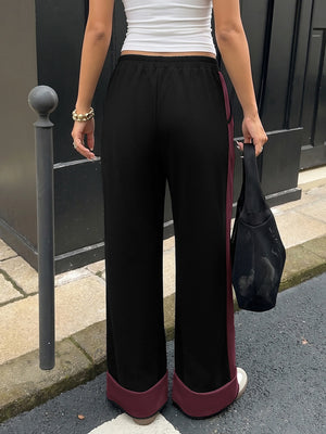 Women's Contrast Panel Wide Leg Sweatpants – Relaxed Fit Drawstring Pants with Pockets