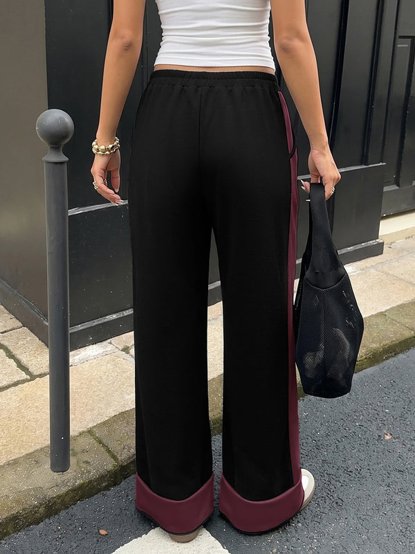 Women's Contrast Panel Wide Leg Sweatpants – Relaxed Fit Drawstring Pants with Pockets
