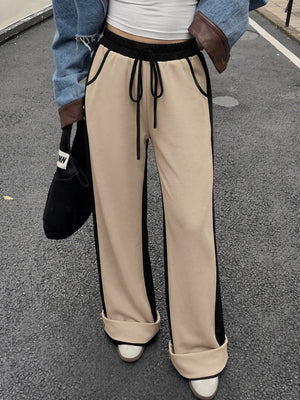Women's Contrast Panel Wide Leg Sweatpants – Relaxed Fit Drawstring Pants with Pockets