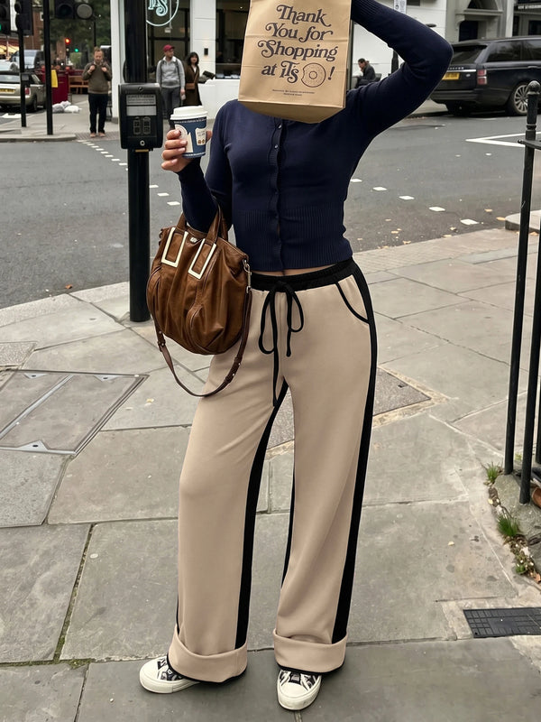 Women's Contrast Panel Wide Leg Sweatpants – Relaxed Fit Drawstring Pants with Pockets