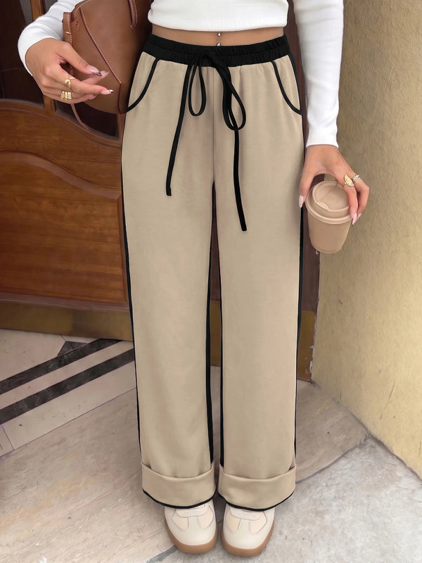Women's Contrast Panel Wide Leg Sweatpants – Relaxed Fit Drawstring Pants with Pockets