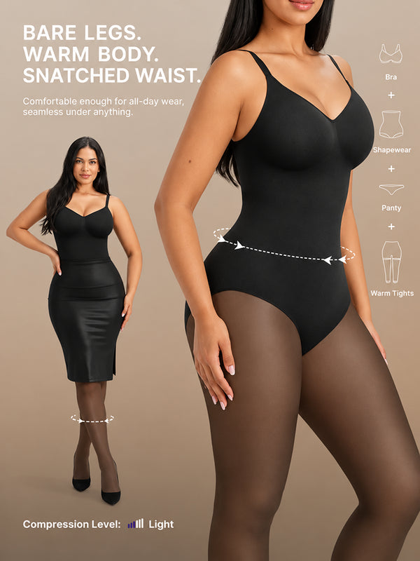 Women’s Fleece Lined Sheer Look Tummy Control Full Body Shaping Bodysuit