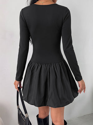 Women's Square Neck Long Sleeve Bubble Mini Dress Slim Fit Elegant Casual Dress