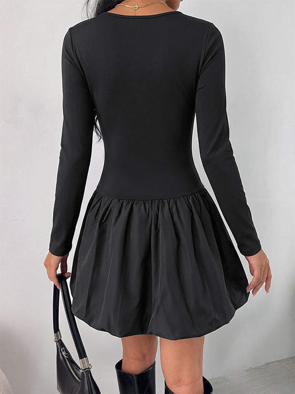 Women's Square Neck Long Sleeve Bubble Mini Dress Slim Fit Elegant Casual Dress
