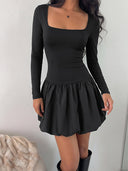 Women's Square Neck Long Sleeve Bubble Mini Dress Slim Fit Elegant Casual Dress