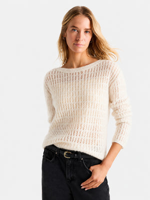 Women’s Solid Color Openwork Knit Top – Soft Round Neck Loose-Fit Sweater