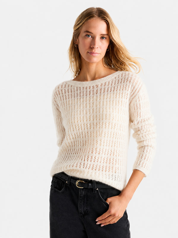 Women’s Solid Color Openwork Knit Top – Soft Round Neck Loose-Fit Sweater