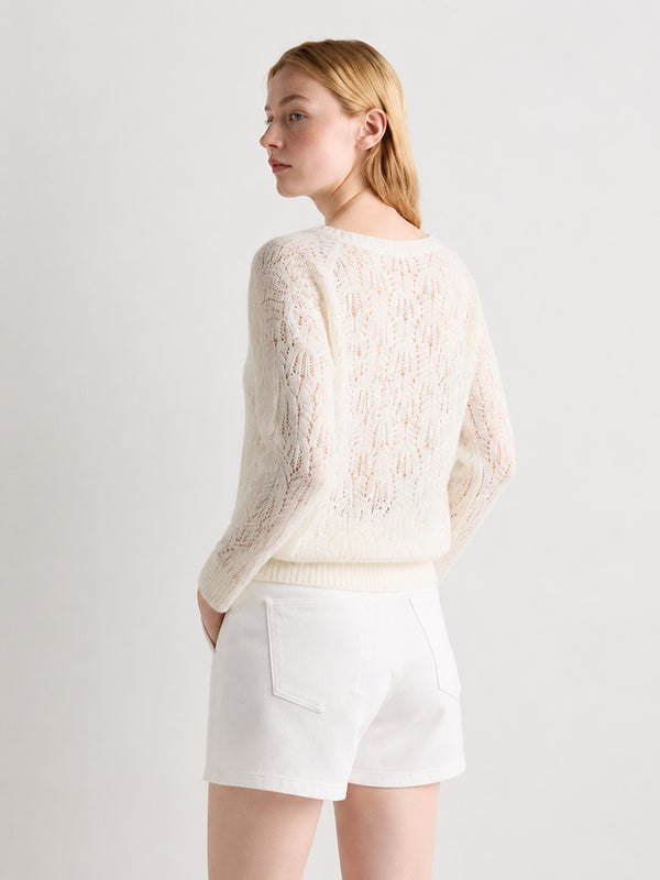 Cashmere-Wool Openwork Crewneck Sweater
