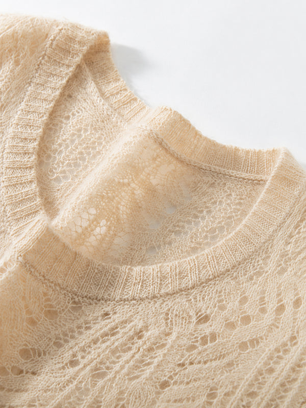Cashmere-Wool Openwork Crewneck Sweater