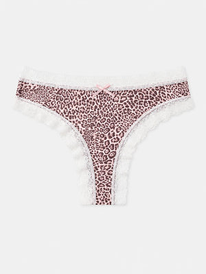 7-Pack Leopard Lace Thong Panties for Women – Sexy Low Rise Breathable Underwear with Romantic Bow Detail, Soft Stretch Everyday Comfort