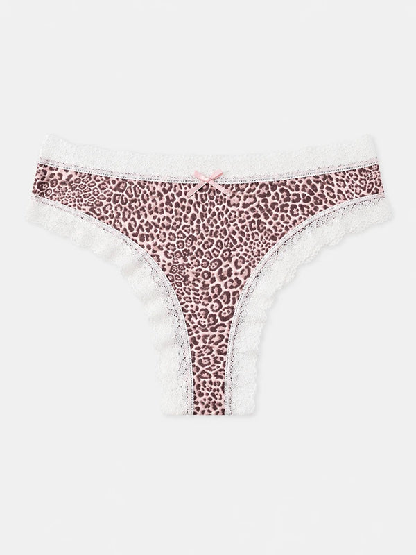 7-Pack Leopard Lace Thong Panties for Women – Sexy Low Rise Breathable Underwear with Romantic Bow Detail, Soft Stretch Everyday Comfort