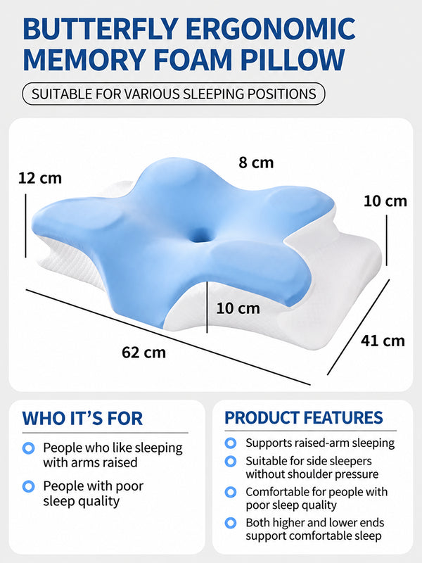 Ergonomic Butterfly Memory Foam Pillow – Contoured Cervical Neck Support Pillow for Adults