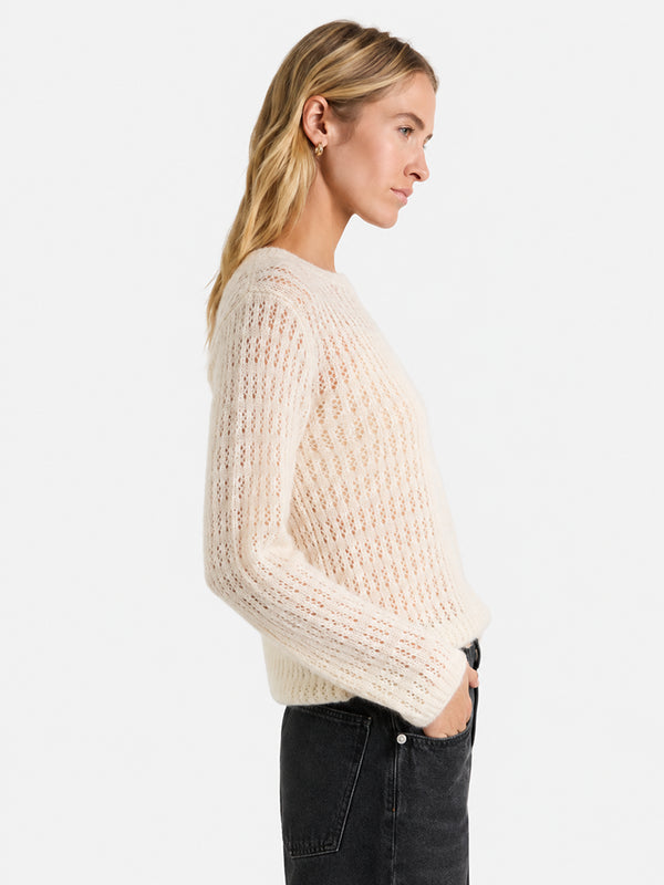 Women’s Solid Color Openwork Knit Top – Soft Round Neck Loose-Fit Sweater