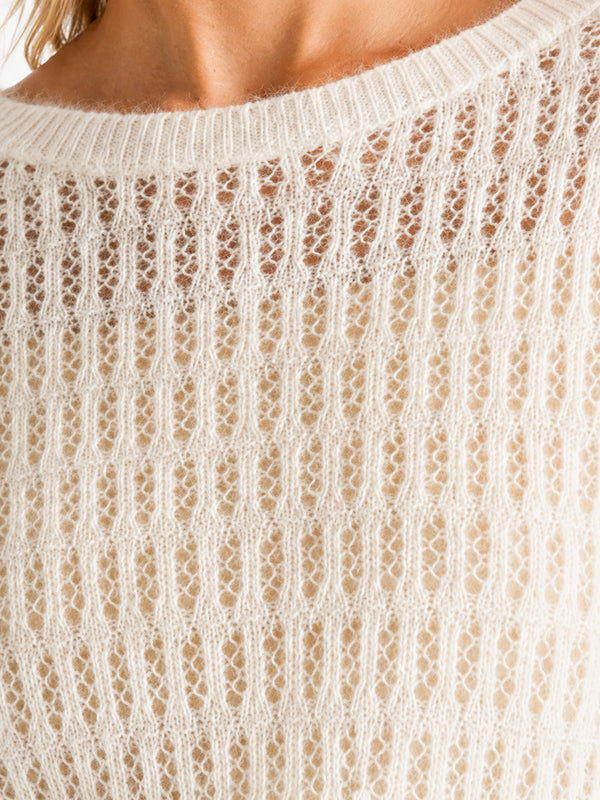 Women’s Solid Color Openwork Knit Top – Soft Round Neck Loose-Fit Sweater
