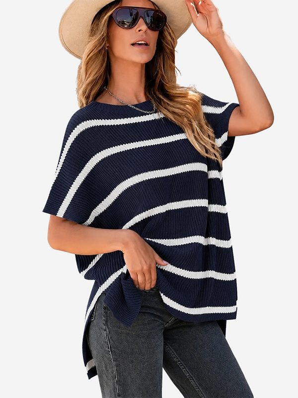 Oversized Side-Slit Short Sleeve Knit Sweater