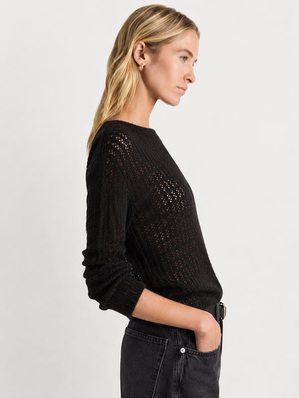 Women’s Solid Color Openwork Knit Top – Soft Round Neck Loose-Fit Sweater