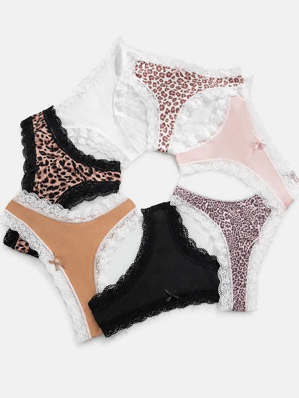7-Pack Leopard Lace Thong Panties for Women – Sexy Low Rise Breathable Underwear with Romantic Bow Detail, Soft Stretch Everyday Comfort