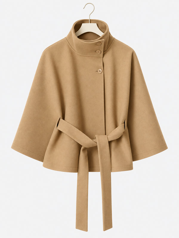 Women’s Wool Blend Poncho Coat – Oversized Belted Stand Collar Batwing Sleeve Cape Jacket