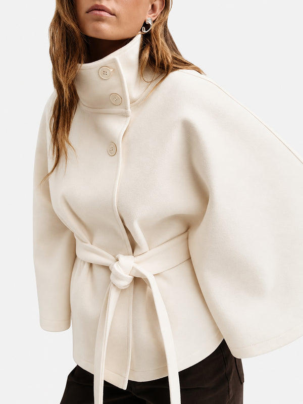 Women’s Wool Blend Poncho Coat – Oversized Belted Stand Collar Batwing Sleeve Cape Jacket
