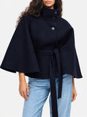 Women’s Wool Blend Poncho Coat – Oversized Belted Stand Collar Batwing Sleeve Cape Jacket
