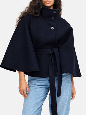 Women’s Wool Blend Poncho Coat – Oversized Belted Stand Collar Batwing Sleeve Cape Jacket