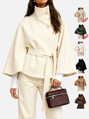 Women’s Wool Blend Poncho Coat – Oversized Belted Stand Collar Batwing Sleeve Cape Jacket