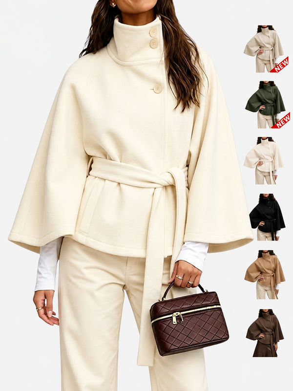 Women’s Wool Blend Poncho Coat – Oversized Belted Stand Collar Batwing Sleeve Cape Jacket