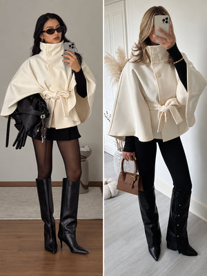 Women’s Wool Blend Poncho Coat – Oversized Belted Stand Collar Batwing Sleeve Cape Jacket