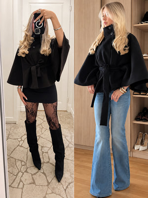 Women’s Wool Blend Poncho Coat – Oversized Belted Stand Collar Batwing Sleeve Cape Jacket