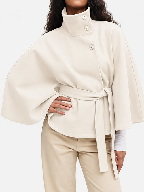 Women’s Wool Blend Poncho Coat – Oversized Belted Stand Collar Batwing Sleeve Cape Jacket
