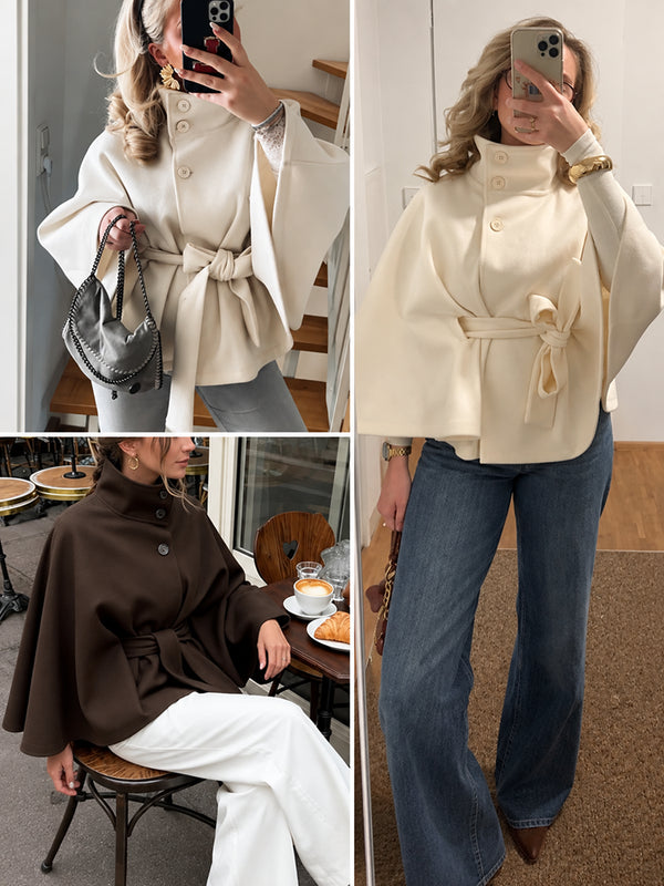 Women’s Wool Blend Poncho Coat – Oversized Belted Stand Collar Batwing Sleeve Cape Jacket