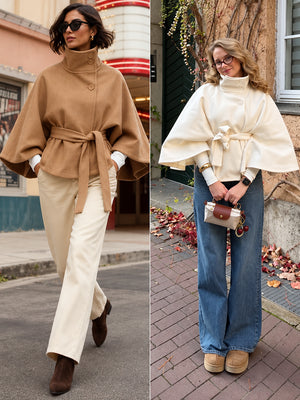 Women’s Wool Blend Poncho Coat – Oversized Belted Stand Collar Batwing Sleeve Cape Jacket