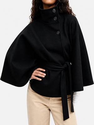 Women’s Wool Blend Poncho Coat – Oversized Belted Stand Collar Batwing Sleeve Cape Jacket