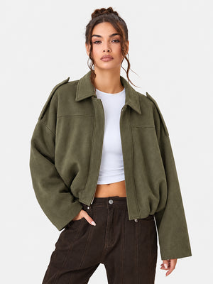 Women's Vintage Collared Zip Up Jacket Oversized Casual Outerwear