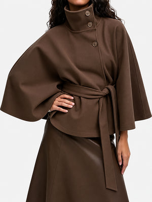 Women’s Wool Blend Poncho Coat – Oversized Belted Stand Collar Batwing Sleeve Cape Jacket