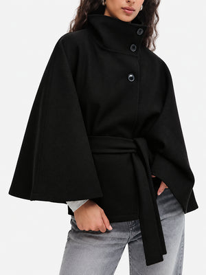 Women’s Wool Blend Poncho Coat – Oversized Belted Stand Collar Batwing Sleeve Cape Jacket