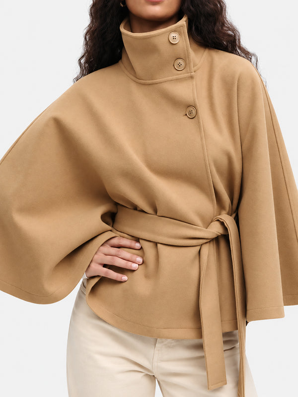Women’s Wool Blend Poncho Coat – Oversized Belted Stand Collar Batwing Sleeve Cape Jacket
