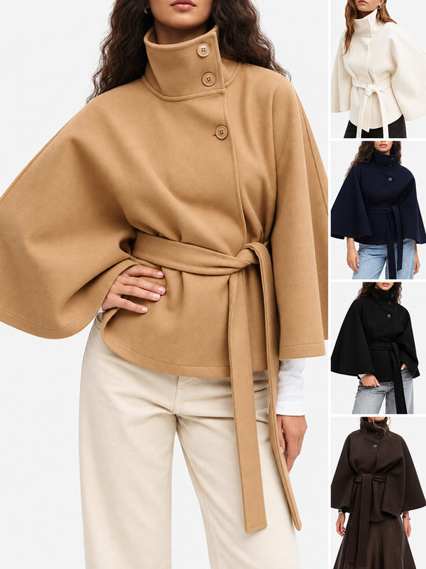 Women’s Wool Blend Poncho Coat – Oversized Belted Stand Collar Batwing Sleeve Cape Jacket