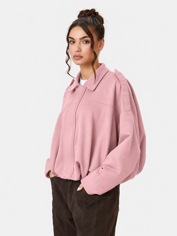 Women's Vintage Collared Zip Up Jacket Oversized Casual Outerwear