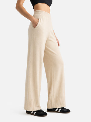 Women’s 100% Wool Wide-Leg Pants – Thick Ribbed Casual Trousers for Fall & Winter