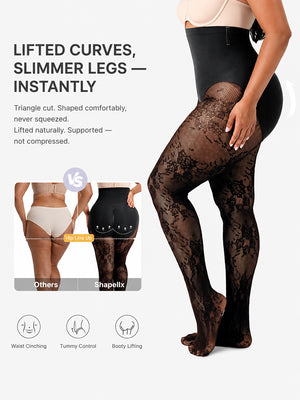 Women’s High-Waist Shaping Tights – Floral Lace Tummy Control Pantyhose