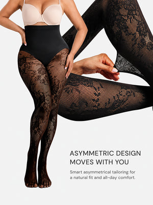 Women’s High-Waist Shaping Tights – Floral Lace Tummy Control Pantyhose