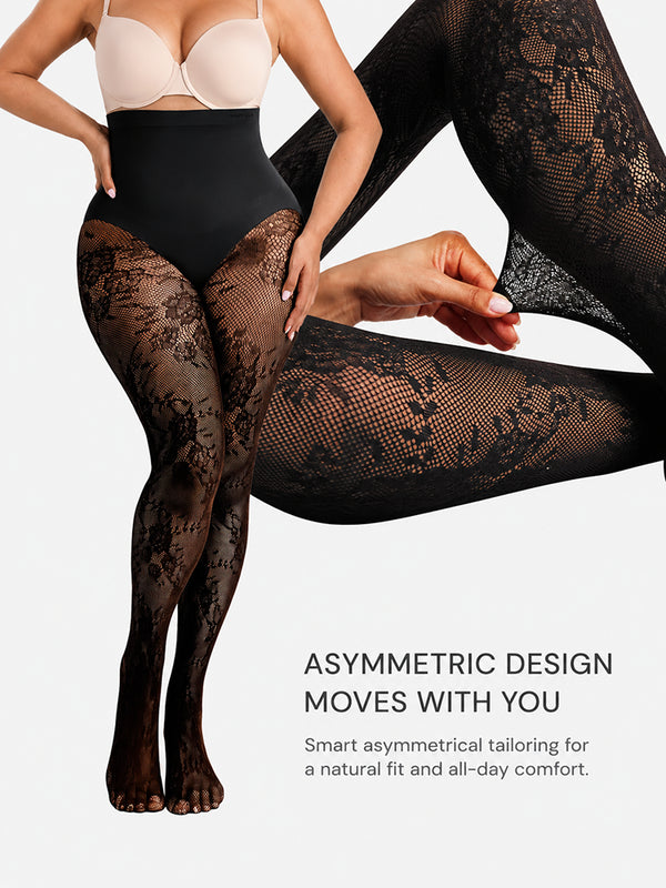 Women’s High-Waist Shaping Tights – Floral Lace Tummy Control Pantyhose