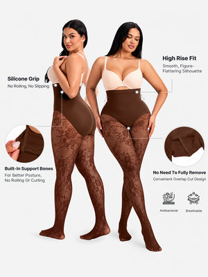 Women’s High-Waist Shaping Tights – Floral Lace Tummy Control Pantyhose