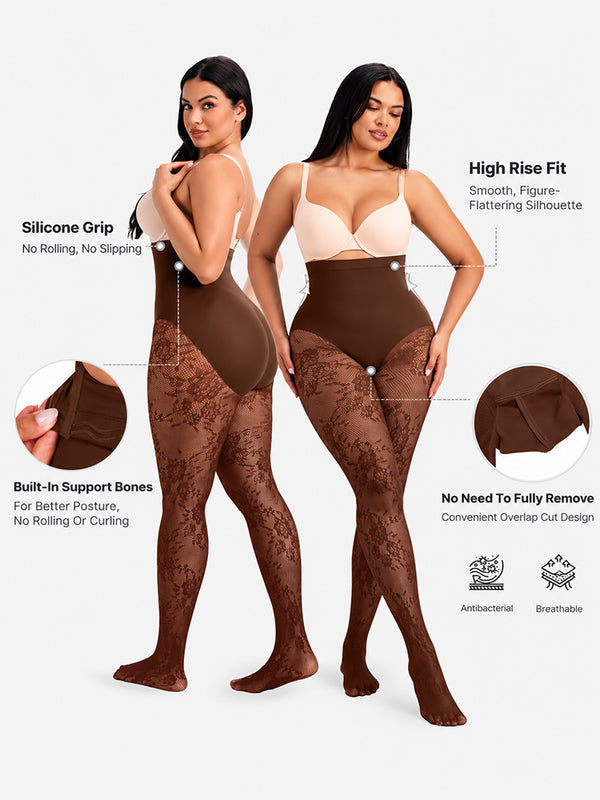 Women’s High-Waist Shaping Tights – Floral Lace Tummy Control Pantyhose