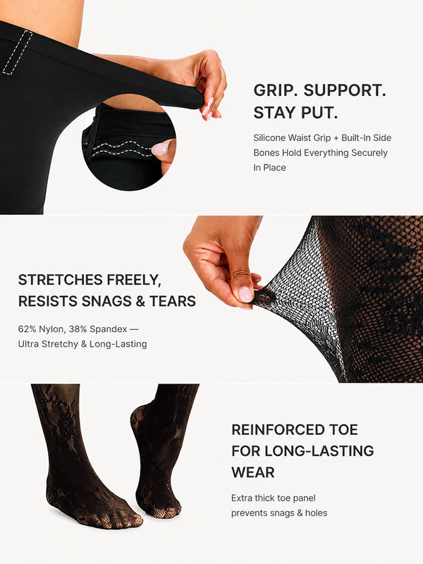 Women’s High-Waist Shaping Tights – Floral Lace Tummy Control Pantyhose