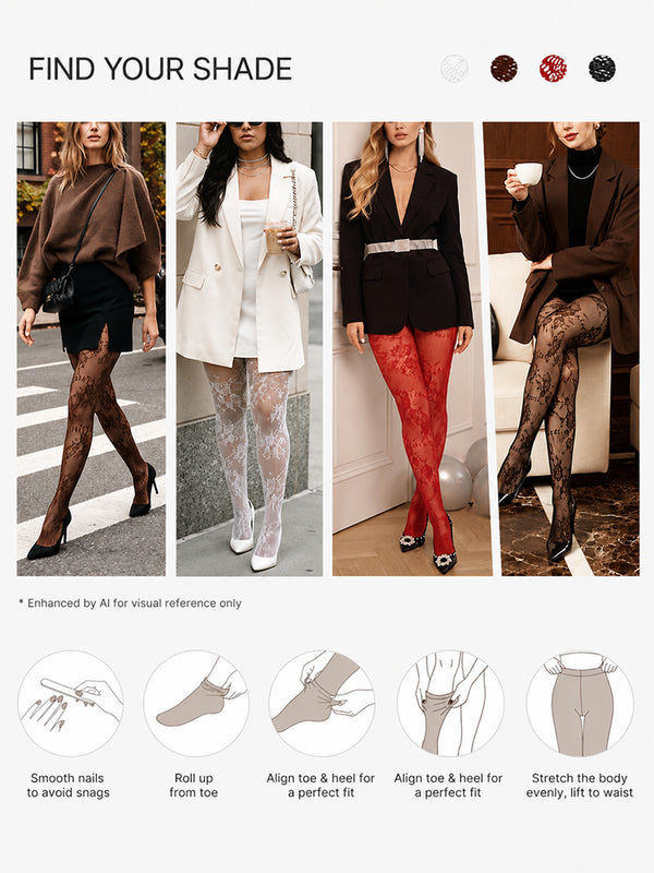 Women’s High-Waist Shaping Tights – Floral Lace Tummy Control Pantyhose