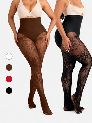 Women’s High-Waist Shaping Tights – Floral Lace Tummy Control Pantyhose