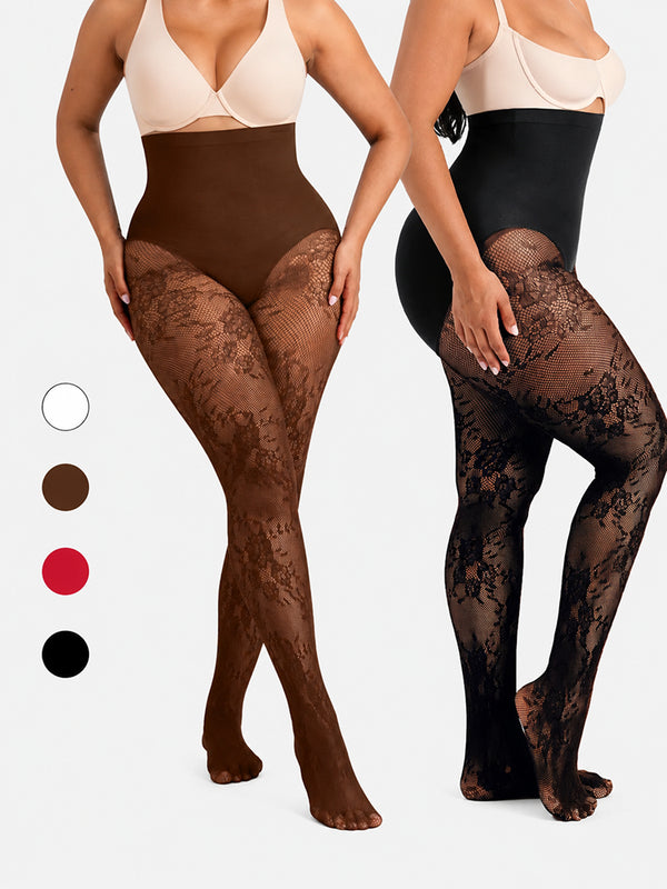 Women’s High-Waist Shaping Tights – Floral Lace Tummy Control Pantyhose