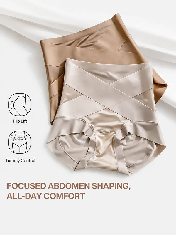 High Waist Silk Satin Cross Front Shapewear Panties(3-Pack)